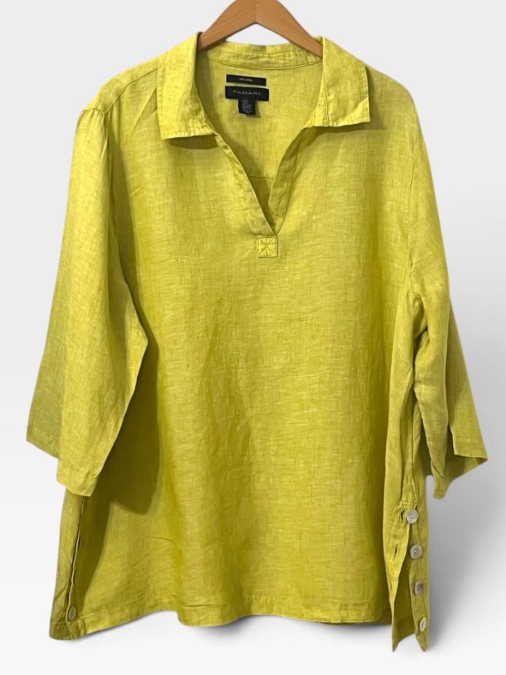 Tahari 100% Linen Green Coastal Pullover Shirt Top Plus Size 2X Button Hem